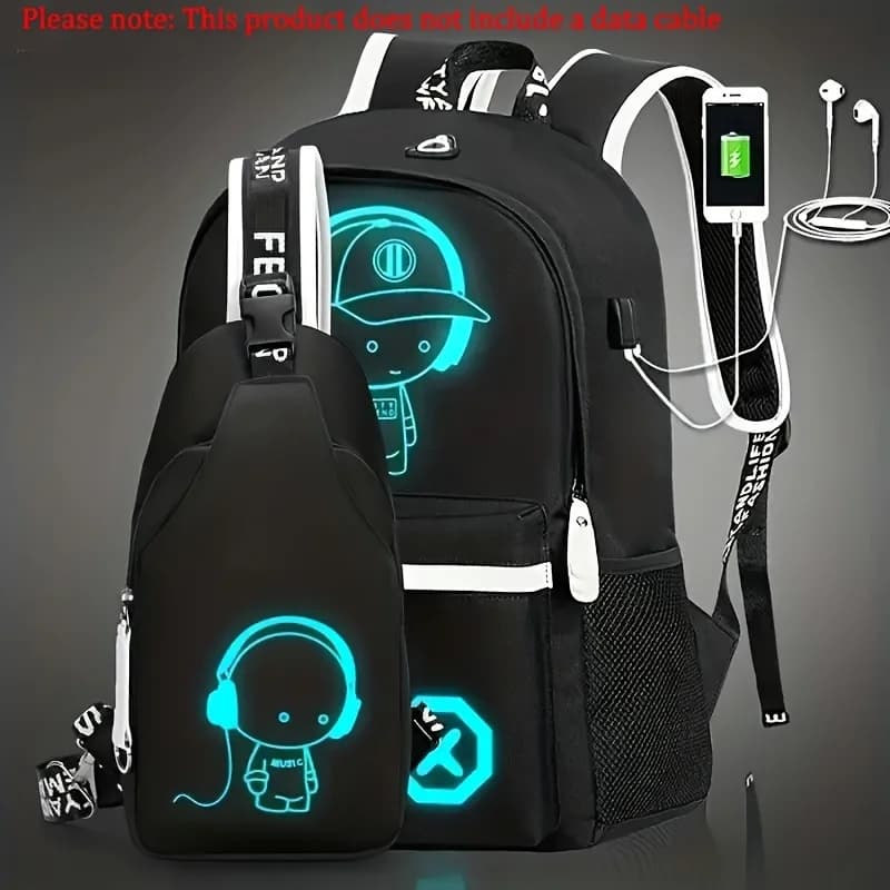 2pc Luminous Student Backpack Set Leisure Shoulder Bag Chest Bag Lightweight Large Capacity Schoolbag Travel Bag with USB Socket