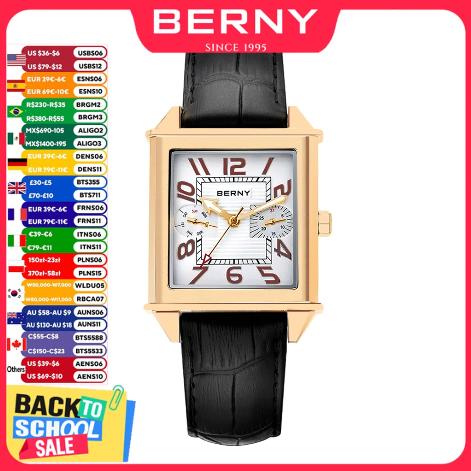 BERNY 6P25 Quartz Watch for Men Golden New Square Wristwatch Vintage Day Top Leather 3ATM Waterproof Luxury Watch Male