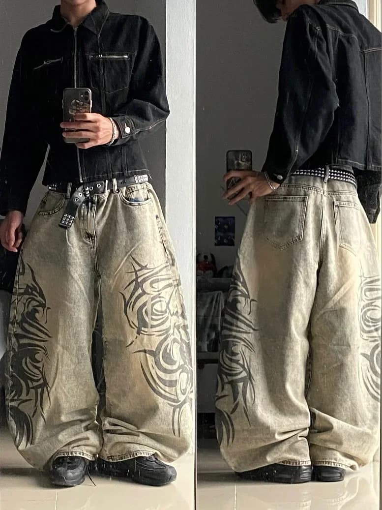 American Y2K New Grey Stampa Jeans larghi Uomo Donna High Street Vintage Hip Hop Harajuku Casual Joker Coppia Pantaloni a gamba larga