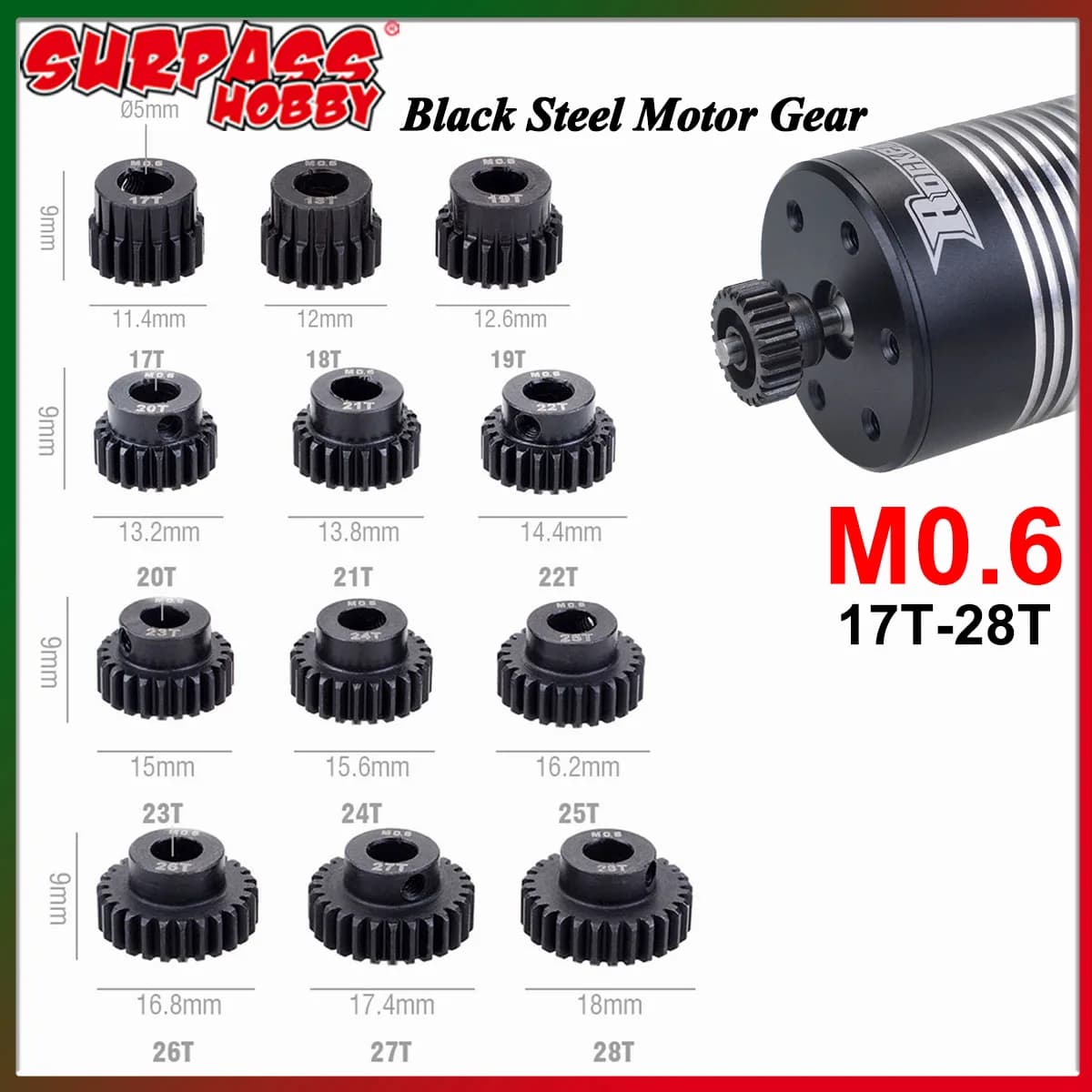 M0.6 17T 18T 19T 20T 21T 22T 23T 24T 25T 26T 27T 28T 5mm Albero Pignone in metallo Ingranaggio motore in acciaio per 1/10 RC Modello di auto Parti giocattolo