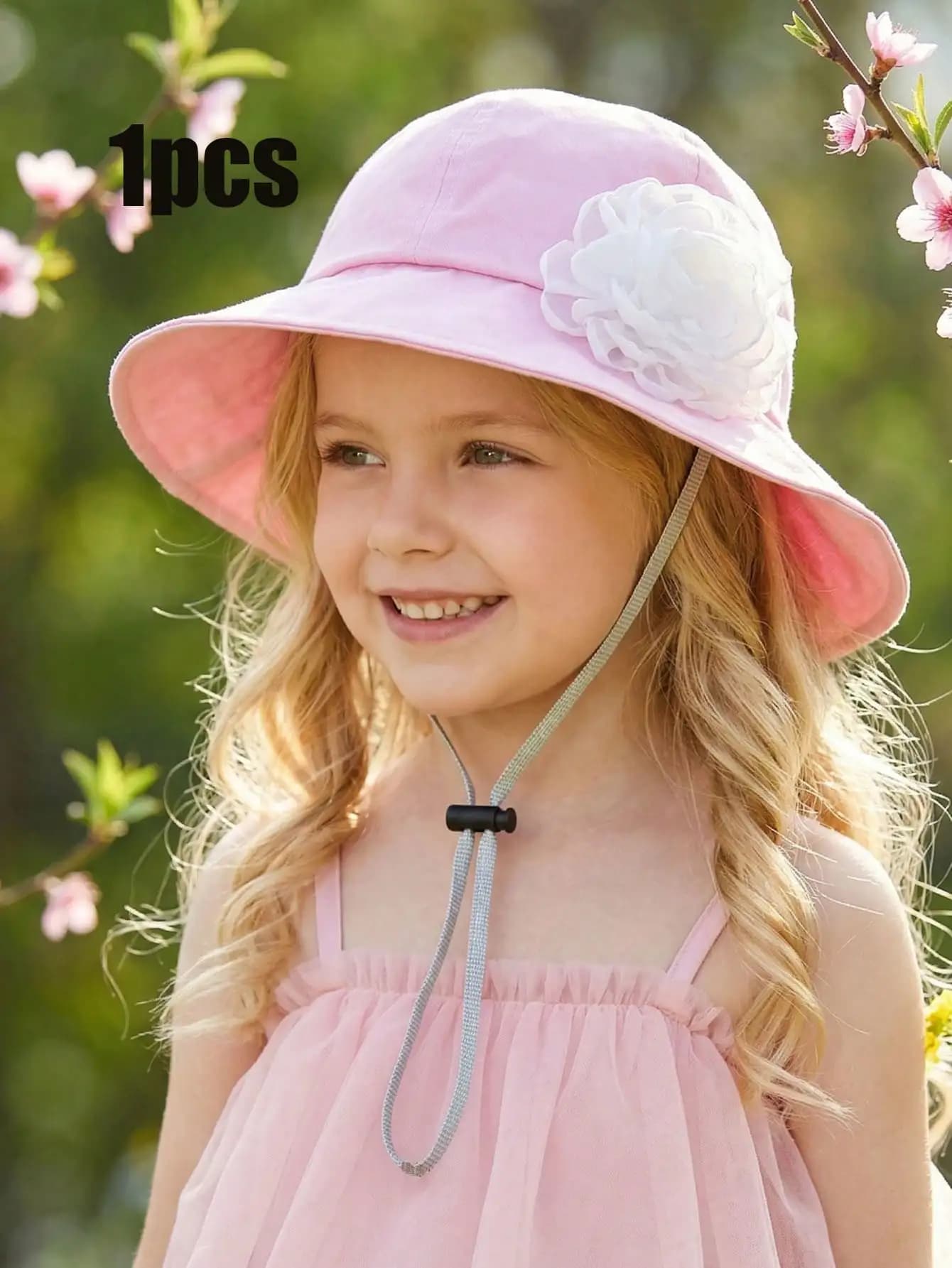 Cappello da pescatore regolabile con fiore grande bianco per bambine 3-8 anni, sottile, primaverile/estivo, per protezione solare