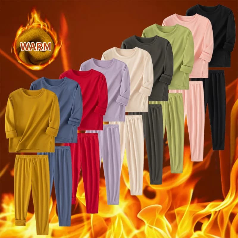 2-Pcs Autumn/Winter Children's Warm Set Solid Color Round Neck Long Sleeve Top Elastic Pants Comfortable Sweat Absorbing Pajamas