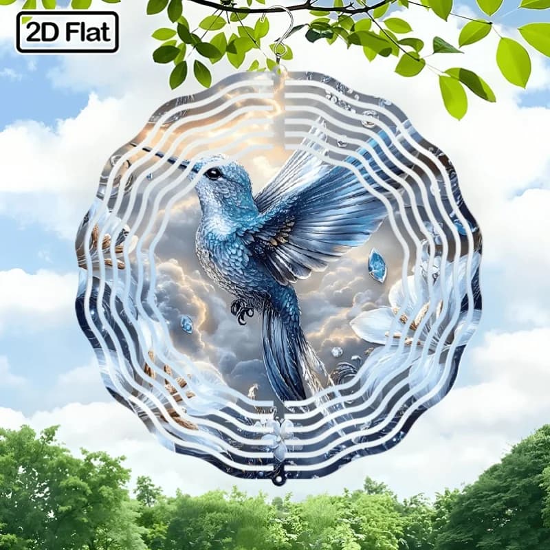 2D Flat dimensional Rotating Wind Chime Featuring "Flowing Radiance Hummingbird" Design, Equipped with a 360-degree Swivel Hook