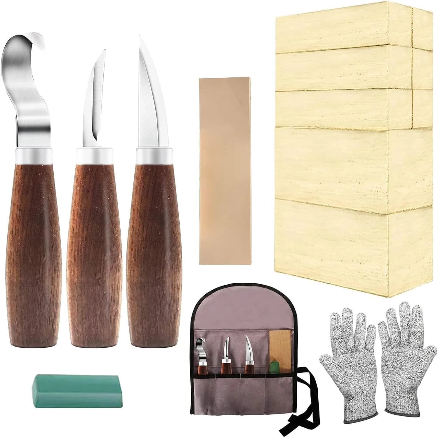 Kit per principianti per intaglio del legno con set di blocchi di tiglio per adulti e bambini principianti, include 3 coltelli larghi, 8 blocchi ecc.