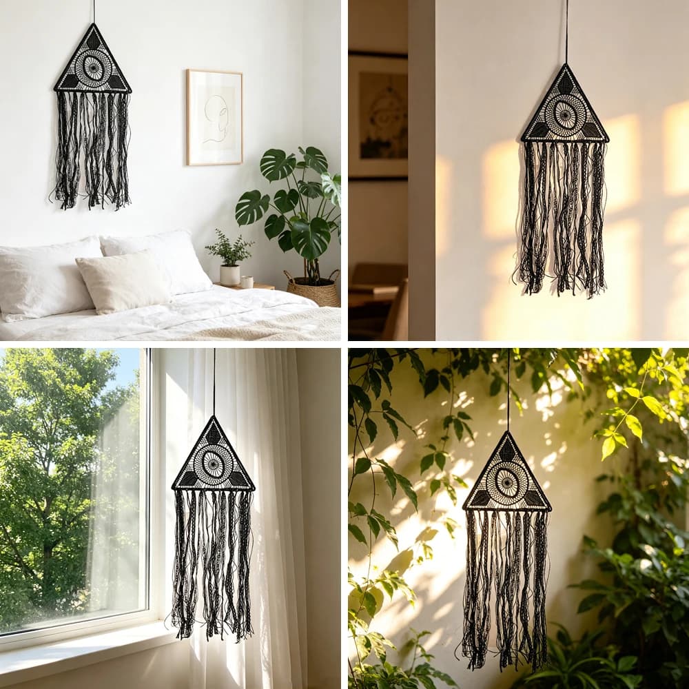Hand Woven Black Triangle Dreamcatcher with Tassels Boho Mystical Wall Decor for Home Party and Camping