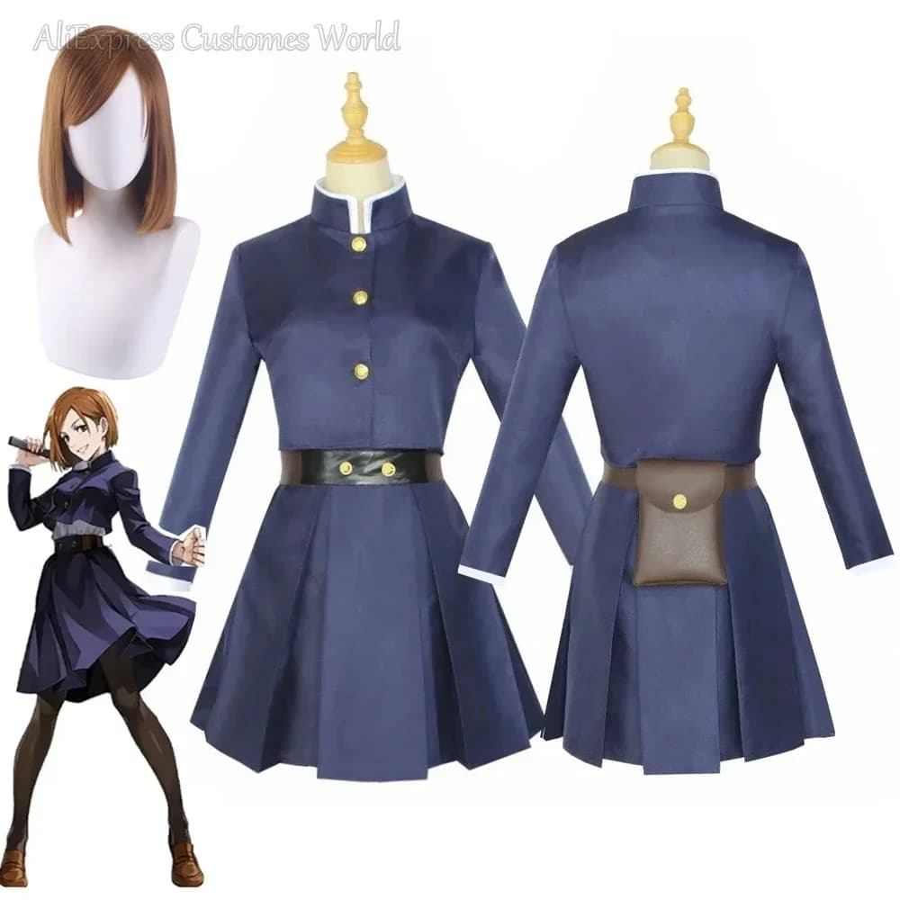 Costume Cosplay Anime Jujutsu Kaisen Kugisaki Nobara con Parrucca, Abito Uniforme da Donna, Tatuaggi e Completo per Feste