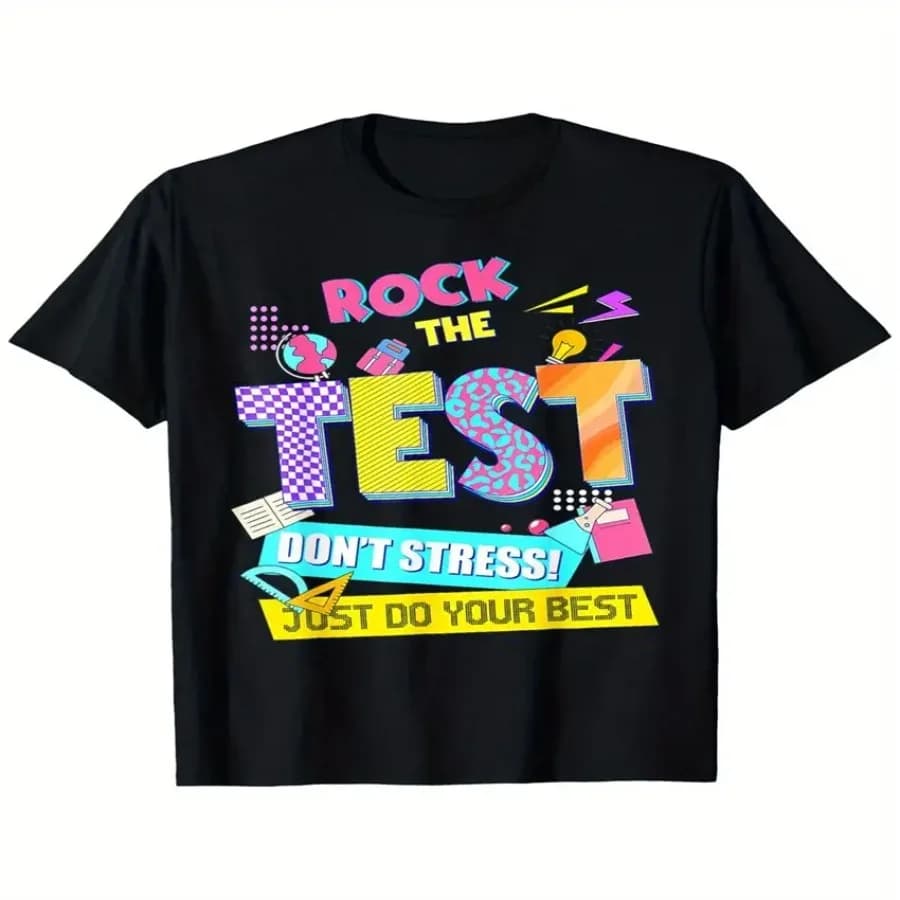 T-shirt Rock The Test Don't Stress Testing Day per insegnanti e studenti, comoda per l'uso all'aperto, top casual, abbigliamento estivo casual, girocollo