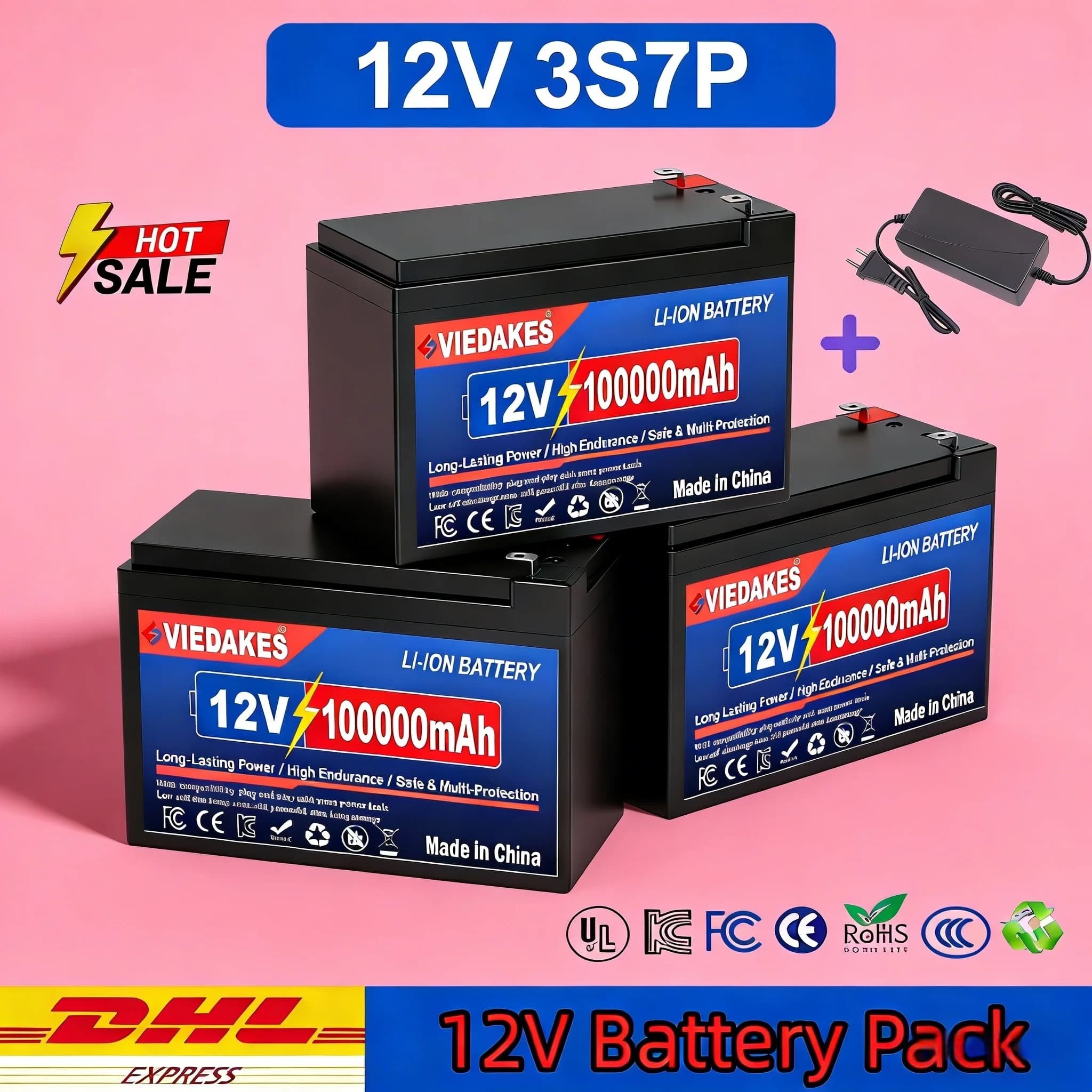 Batteria 12V ricaricabile LiFePO4 3s7p 18650 100000mAh con BMS e caricabatterie, batteria al litio solare fai da te di grado A
