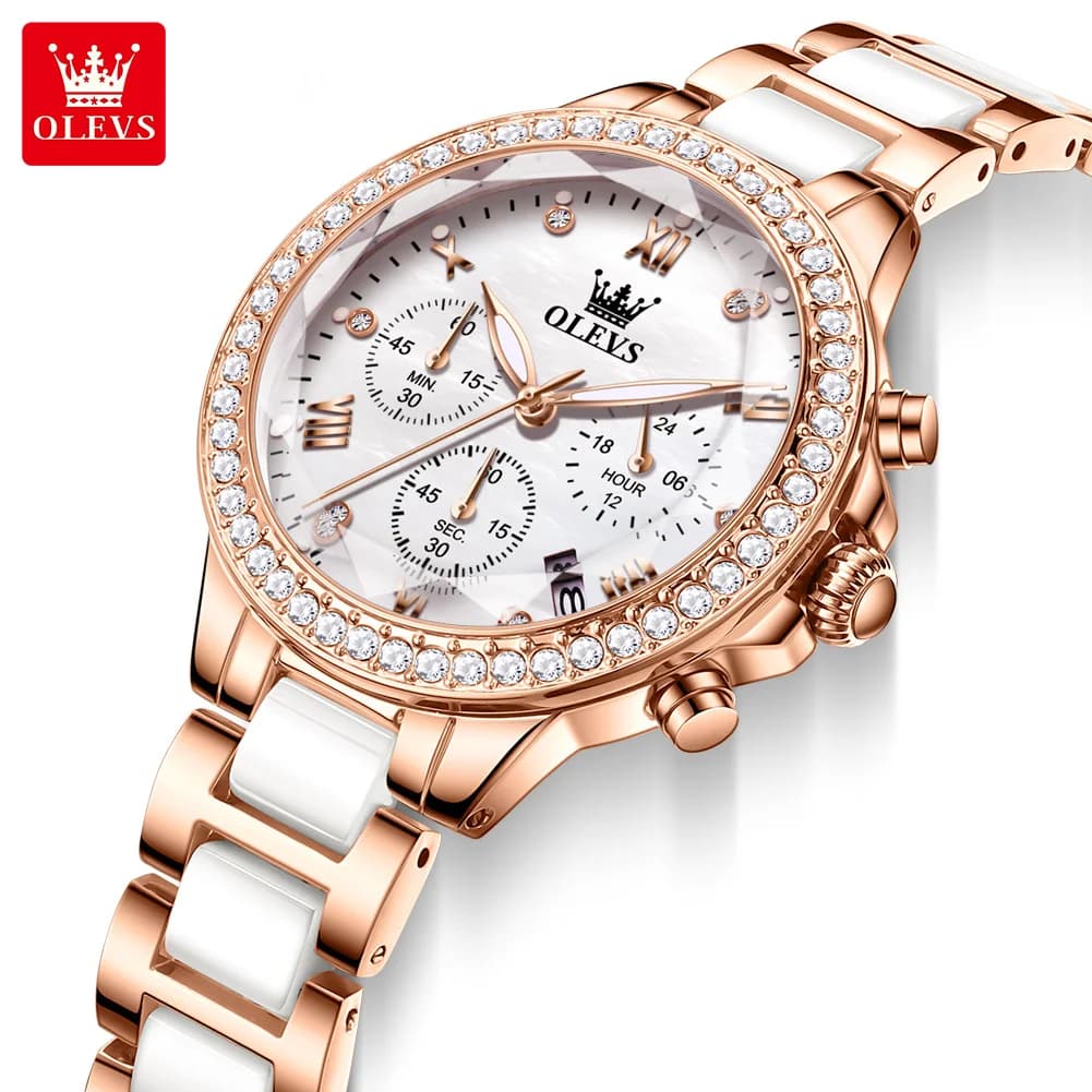 OLEVS 9999 Orologio al quarzo da donna con cinturino in ceramica, elegante orologio da donna multifunzionale con quadrante con diamanti