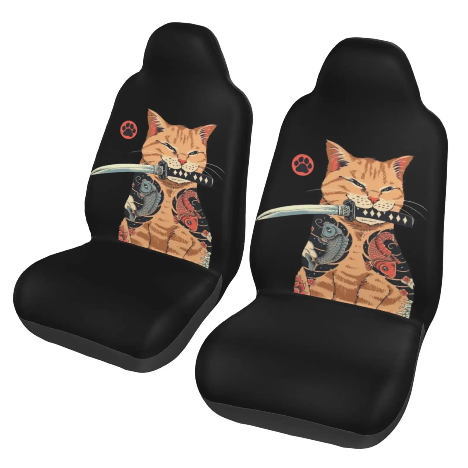 Protection kit for car seat cover printed with Japanese samurai cat - 2 pieces of car seat protection kit