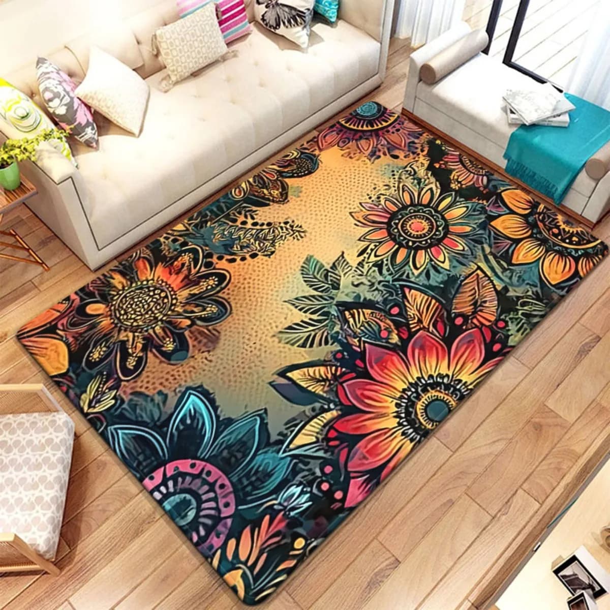 Bohemian Boho Chic Floral Mandala Sunflower Pattern Area Rug Tropical Multi Color Living Room Floor Carpet Mat