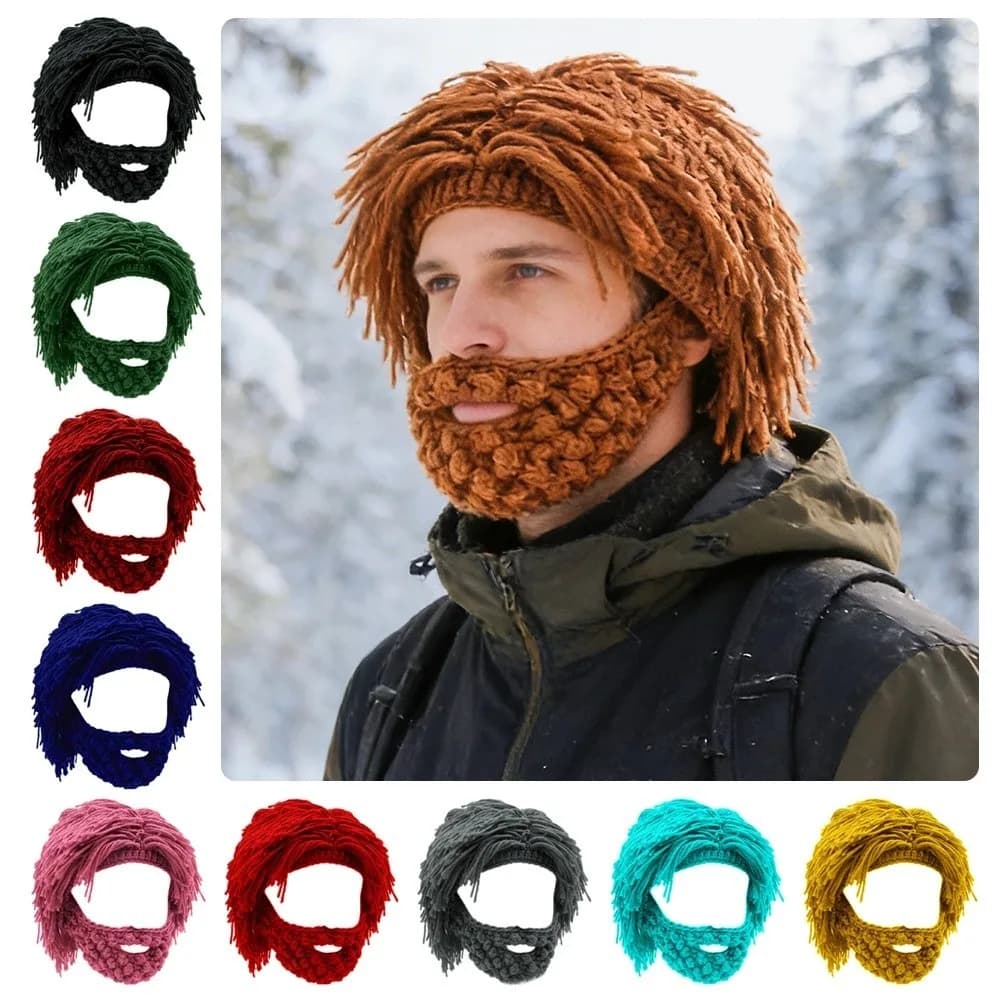 Hat Worked with Fun and Original Knit, Punk Style, Hot Hobo Hat with Barba and Integrated Wig, Handmade, for Man and Woman, Ideal for Winter