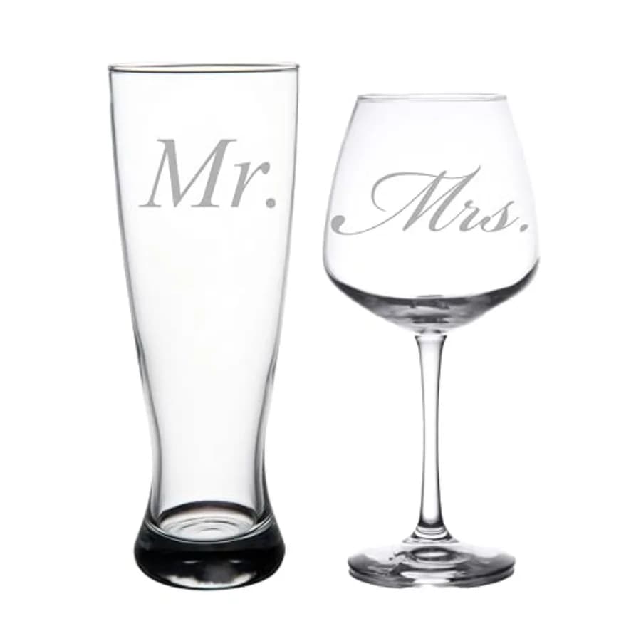 Sgombrini Set di Bicchieri per Coppie di Sposi - Bicchiere da Birra Pilsner da 23 oz e Calice da Vino da 18 oz - Regalo per Anniversario, Fidanzamento, Coppie