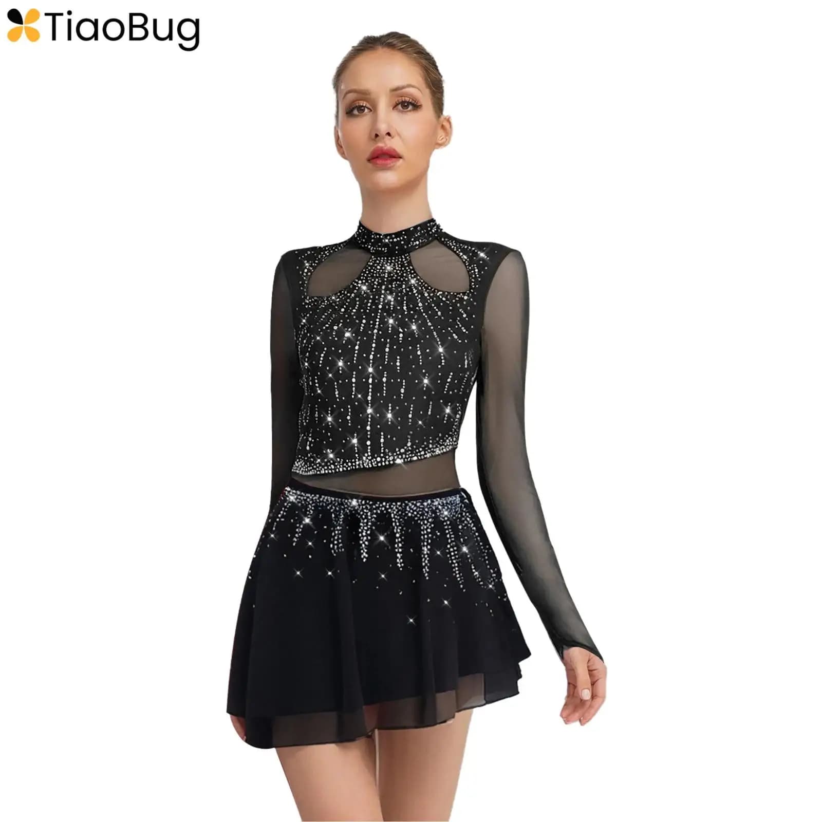 Abiti da ballo lirico da donna Gonna in chiffon a maniche lunghe Abito body Pattinaggio di figura Ginnastica Balletto Costume da spettacolo di danza