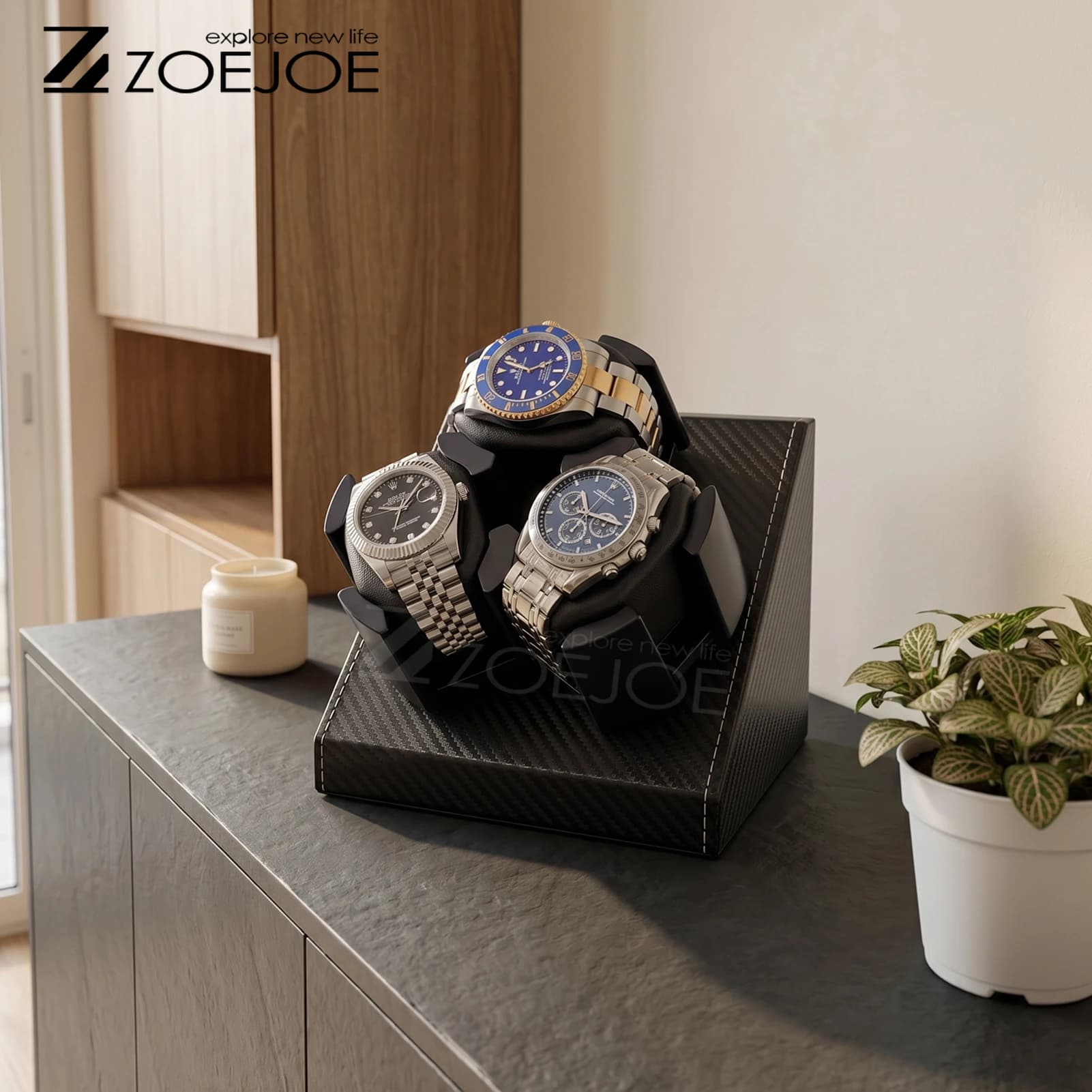 ZOEJOE 3 Slots Automatic Watch Winders Pu Leather USB Cable Low Noise Watch Winder With Adjustable Watch Pillow Holiday Gifts