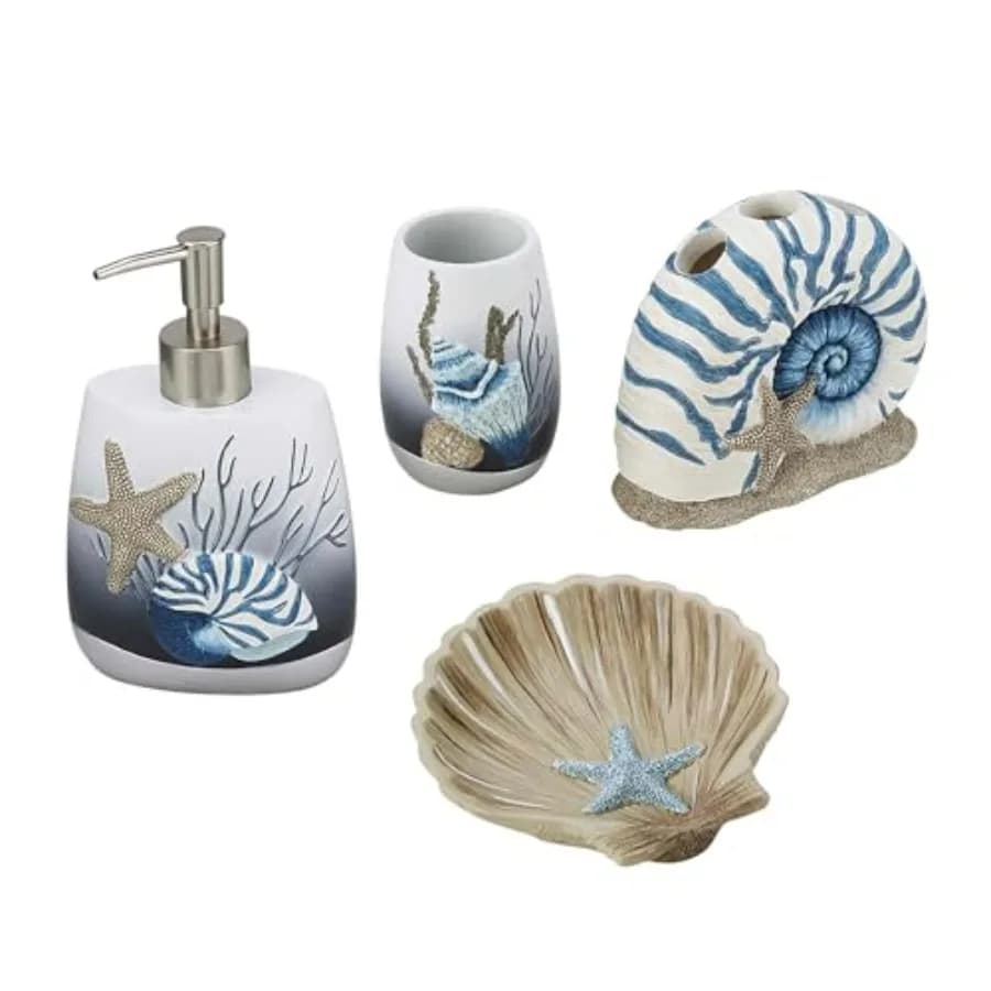 Portaspazzolino Ispirato al Paesaggio Oceanico, Decorazione per il Bagno in Ceramica Bianca con Accenti Blu, Soluzione di Stoccaggio Durevole ed Elegante