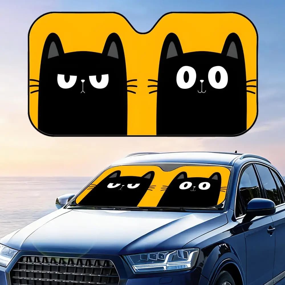 Parasole pieghevole Vector Black Cat Couple, in lamina di alluminio riutilizzabile, protezione UV per parabrezza, copertura isolante dal calore