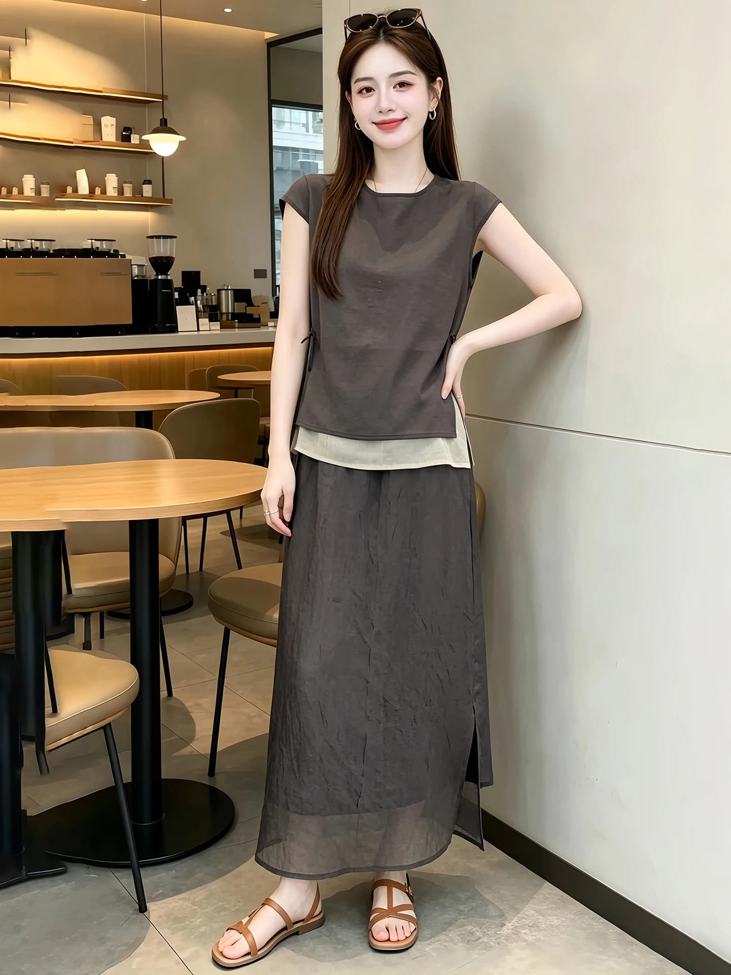 Summer 2026 Fashionable round Neck Mesh Splice Short Sleeve Top And Skirt Set Versatile High Waist Long Skirt Ensemble