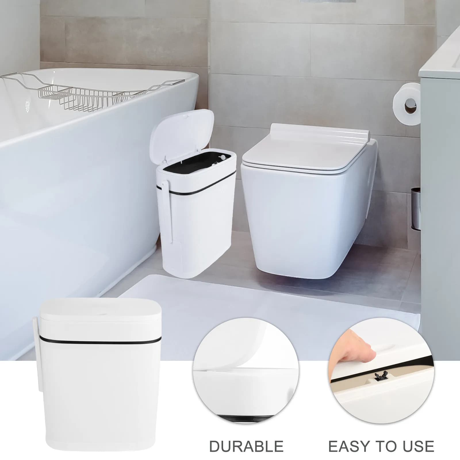 Cestino per Bagno con Porta Scopino, Contenitore Rettangolare Sottile in Plastica per Rifiuti Domestici, Bidone della Spazzatura per Bagno