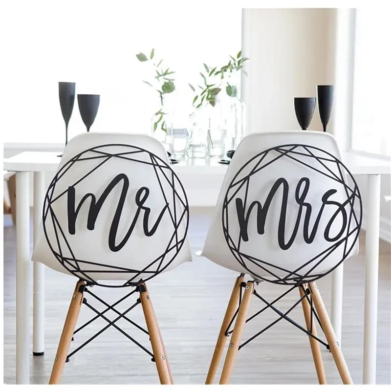 Modern Wedding Chair Signs Geometric Style for Bride and Groom Wedding Chairs, Minimalist Calligraphy Hanging Signs Set