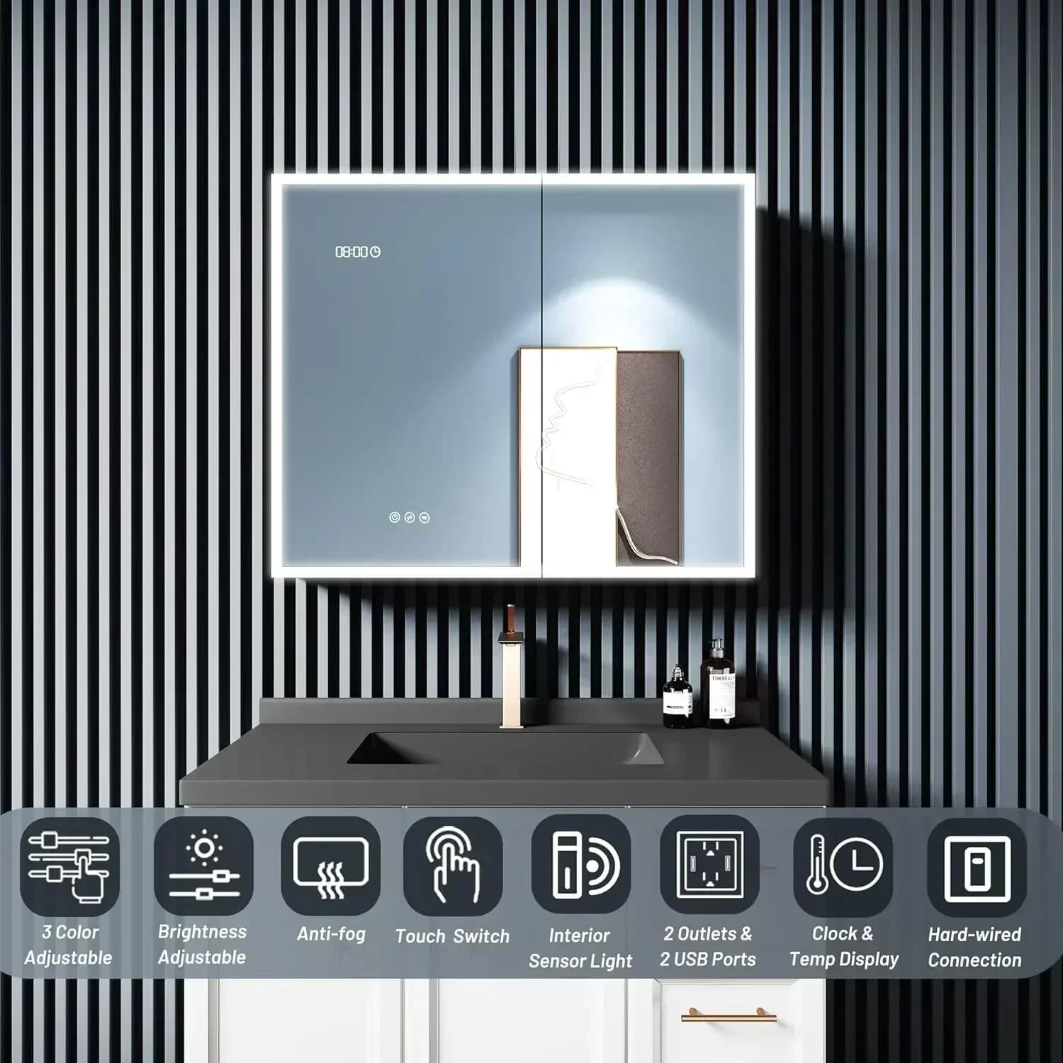 XMSJ-Sale Armadietto Medicinali Illuminato con Specchio, Armadietto da Bagno a 2 Ante con 2 Prese e Porte USB, Antiappannamento, Dimmer, Chiusura Automatica