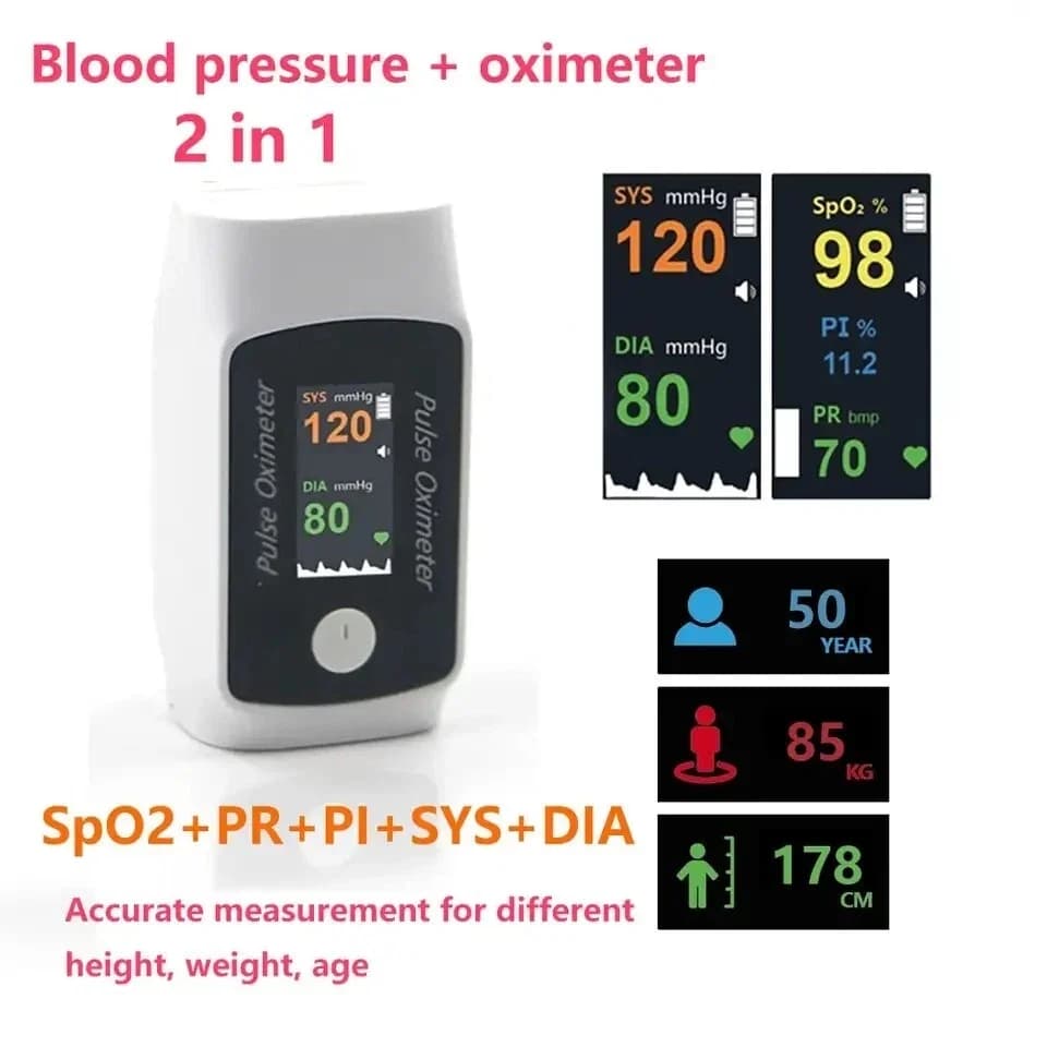 Blood oxygen monitor and double function arterial pressure 2 in 1, smart Bluetooth finger pulse oximeter + blood pressure monitor