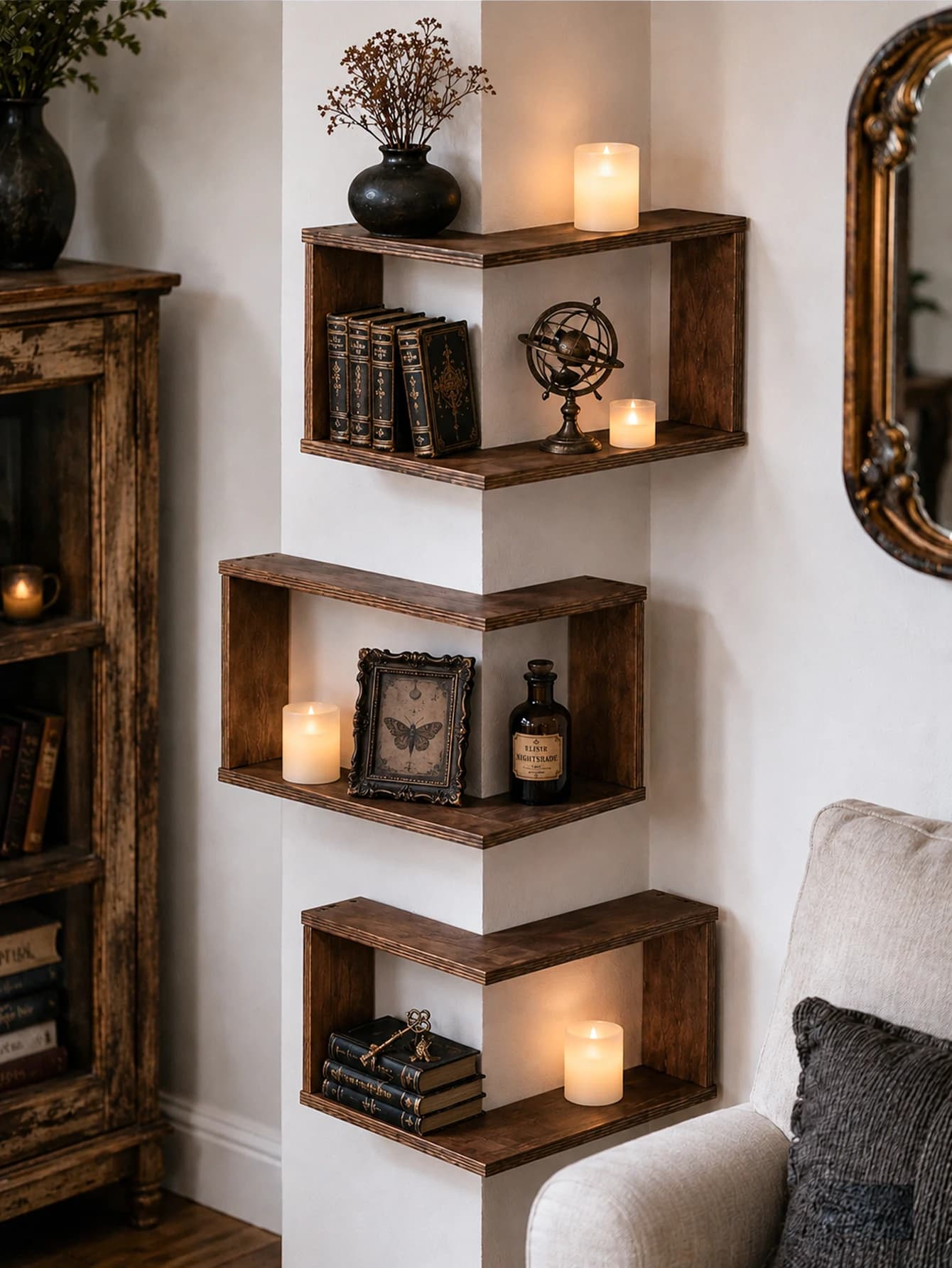 1, 2pcs Rustic Corner Wall Shelf Floating Wooden Shelves Wall Display Storage Rack Living Room Plant Photo Home Decor Organizer