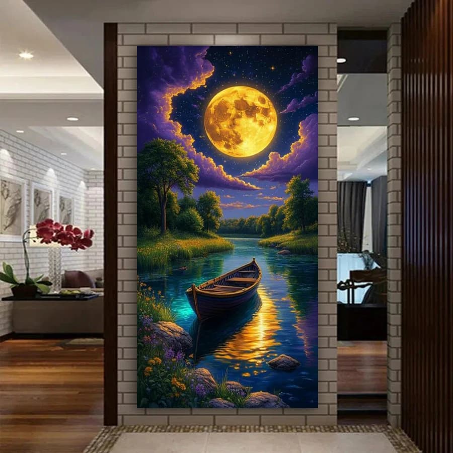 Moon Lake Boat Night Scenery Picture Large Size Diy Diamond Art Painting Set Full Square Round Drill Mosaic Embroidery Kits