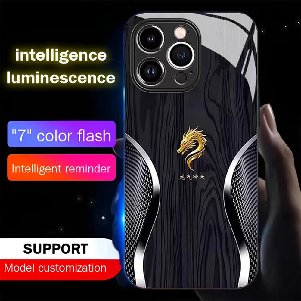 Luxury Wood Grain Dragon Emblem Smart LED Light Glow Tempered Glass Phone Case For iPhone Air 17 16 15 14 13 12 11 Pro Max Plus