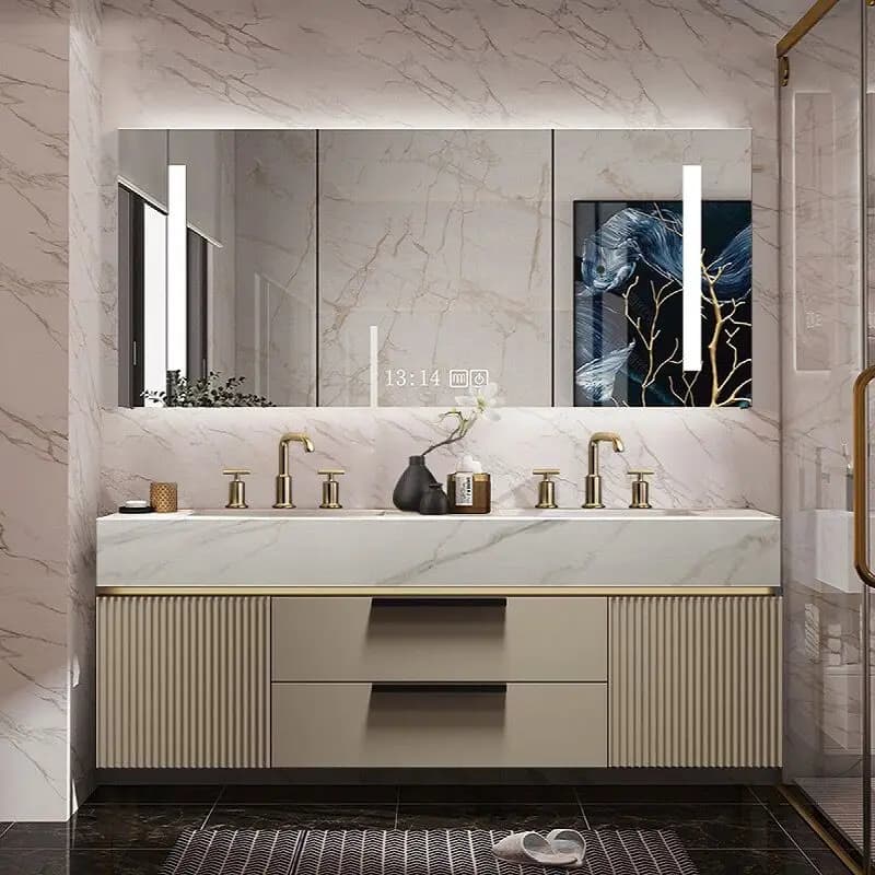 Mobile bagno moderno da parete per hotel con 2 specchi piatti, design rettangolare e scalabile