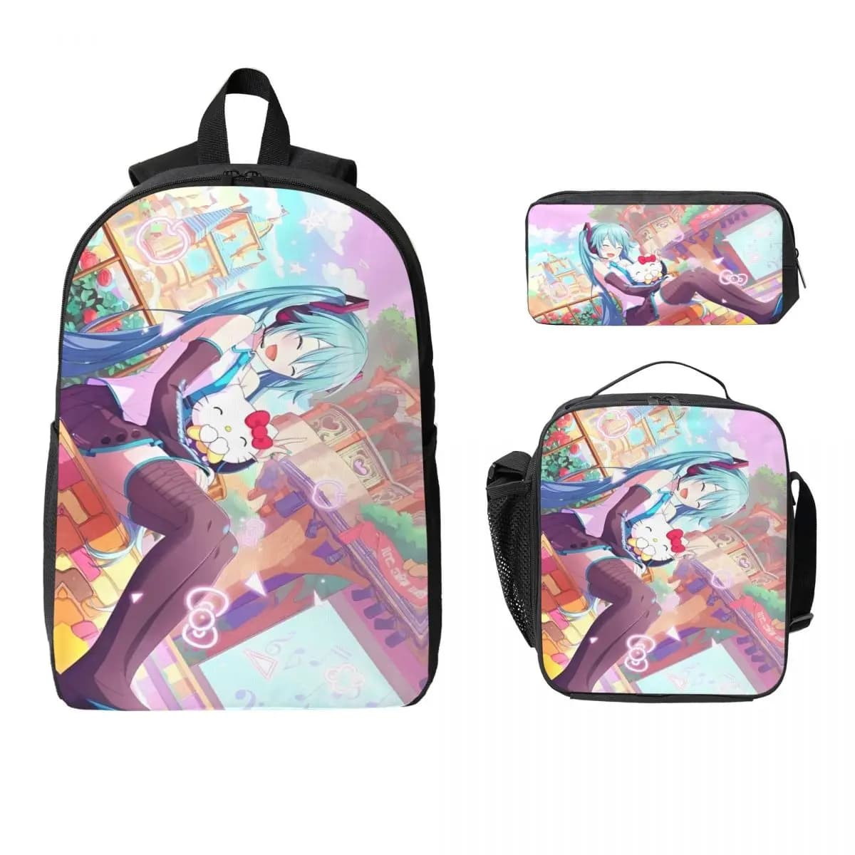 Set di borse da scuola Hatsune Miku da 3 pezzi per bambini, astucci, set di zaini con scatola per il pranzo, per studenti delle scuole