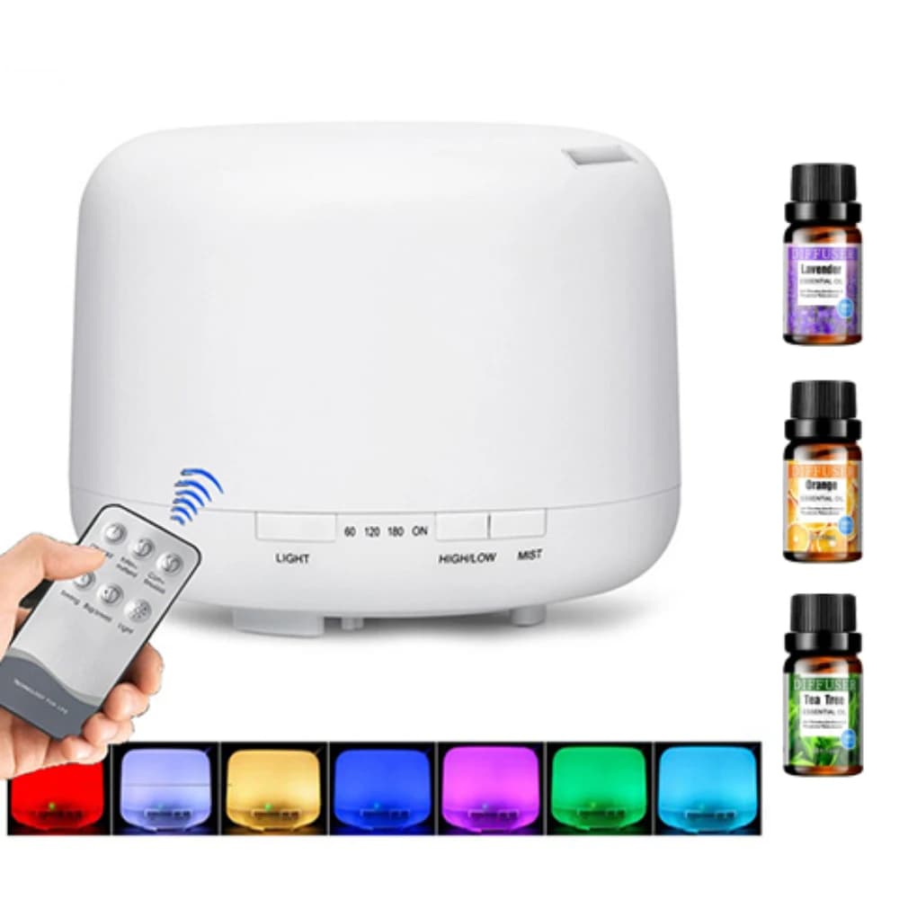 Diffusore di oli essenziali per aromaterapia da 300 ml con telecomando, luci LED a 7 colori, umidificatore per casa e ufficio, include 3 oli