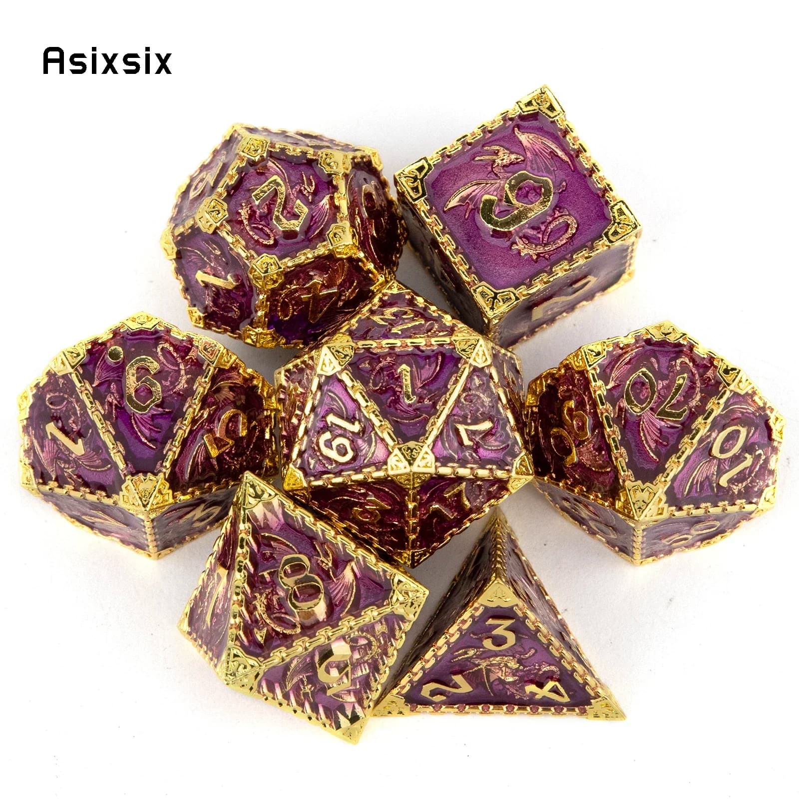 Set di 7 Dadi in Metallo a Forma di Drago Viola Chiaro, Dadi Poliedrici in Metallo Solido Adatti per Giochi di Ruolo RPG e Giochi da Tavolo, Idea Regalo