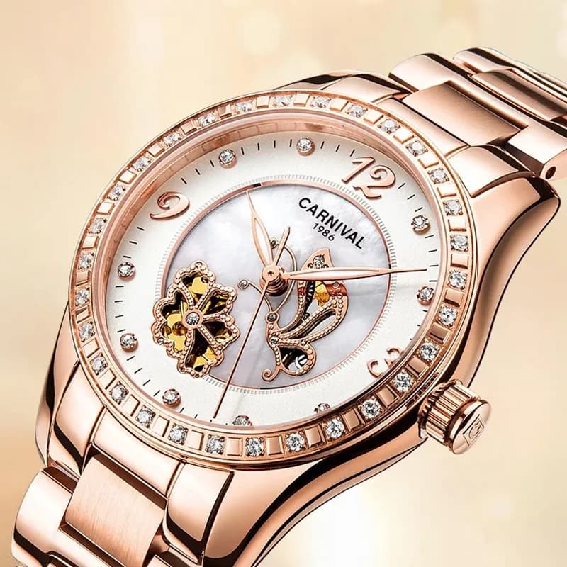 CARNEVALE Moda Orologi meccanici in oro rosa per donna Orologio automatico con diamanti di lusso con zaffiro Luminoso impermeabile Reloj Mujer