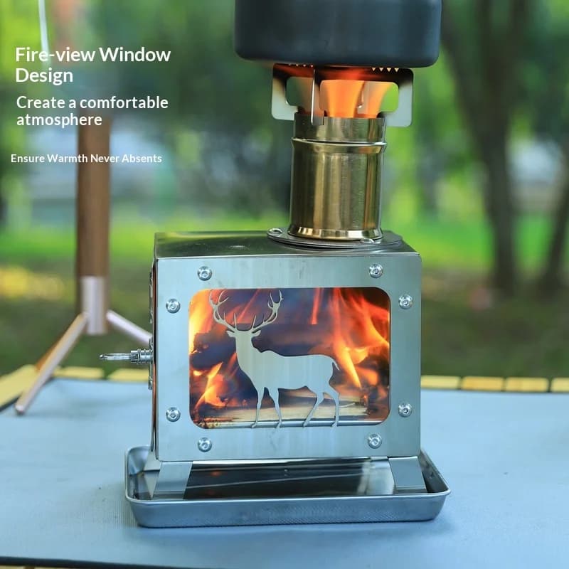 Stufa Portatile a Legna in Acciaio Inox con Finestra in Vetro, Riscaldatore per Tenda da Campeggio, Griglia BBQ Multifunzionale, Braciere a Carbone