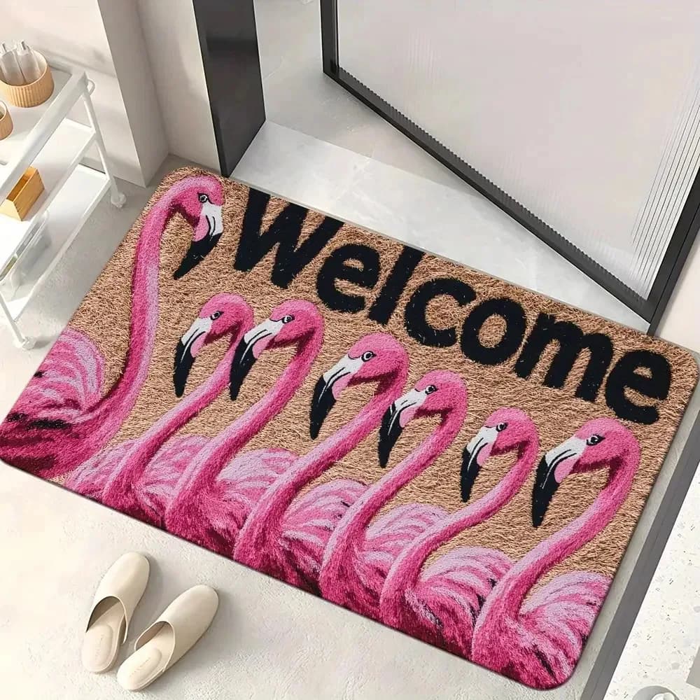 Welcome pad with pink flamingos, washable non-slip carpet in washing machine for entrance, bathroom, yoga, home decoration, gift