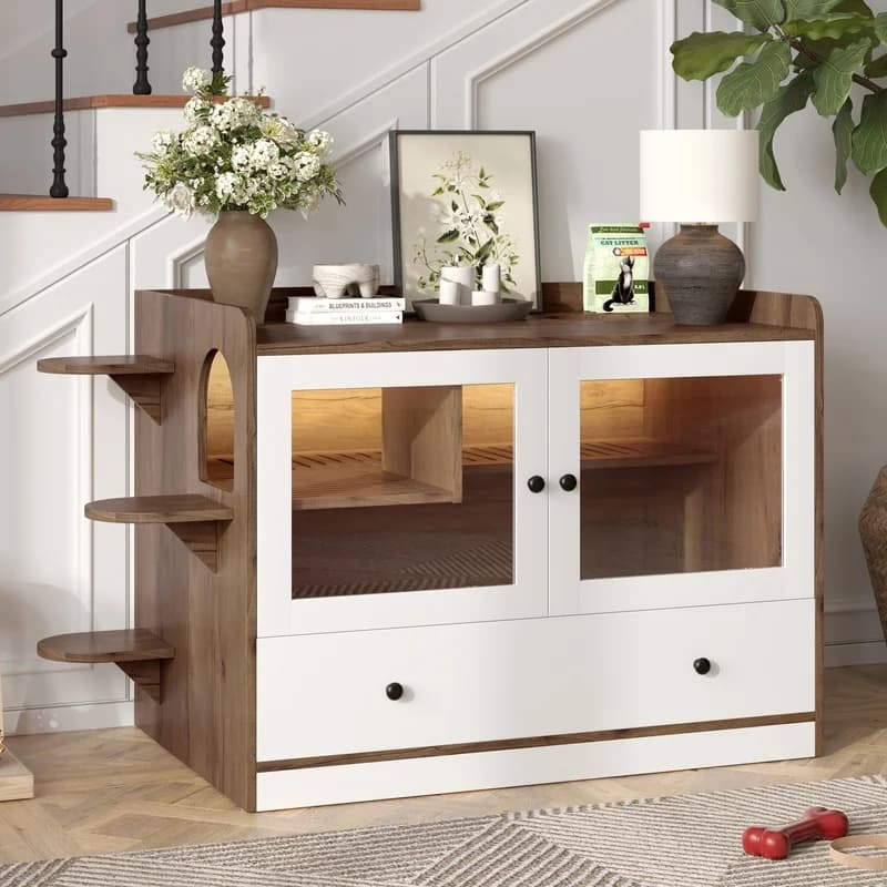 Mobiletto per lettiera per gatti in legno nascosto con cassetto e gradini, mobile per gatti marrone e bianco per camera da letto e soggiorno