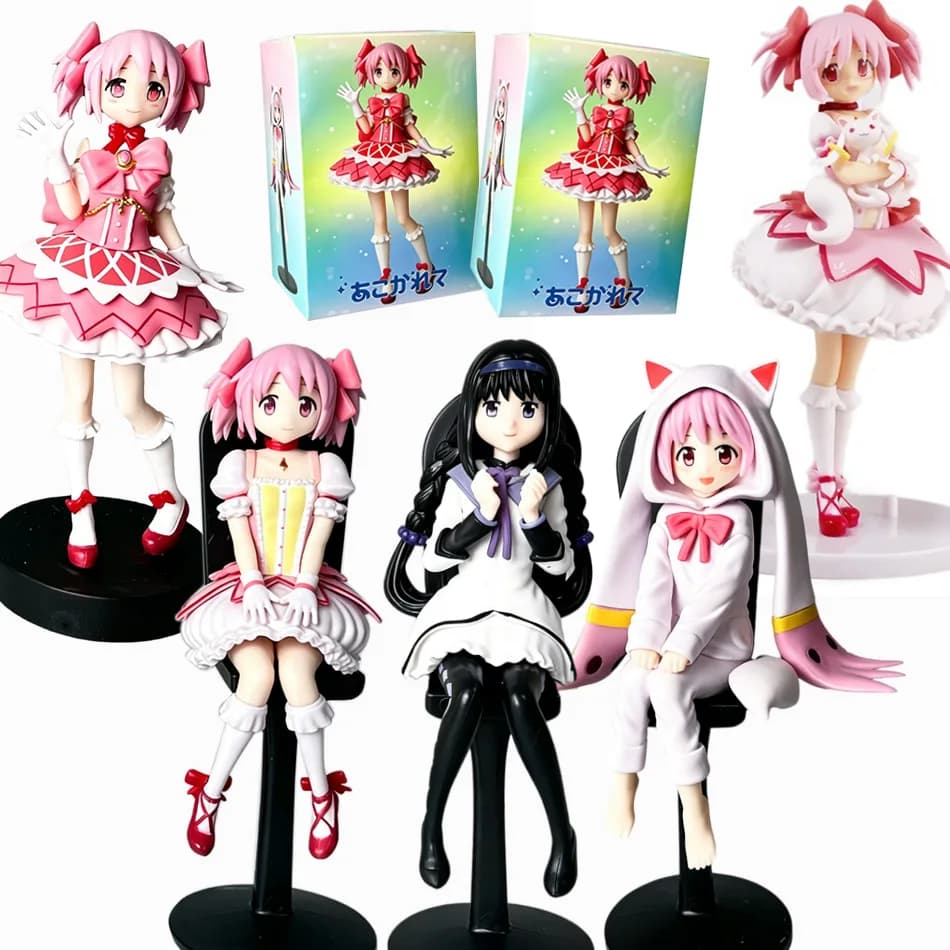 Puella Magi Madoka Magica Anime Figurine Madoka Sitting with Cat Hoodie Pajama & Homura Standing Model Toy for Collection