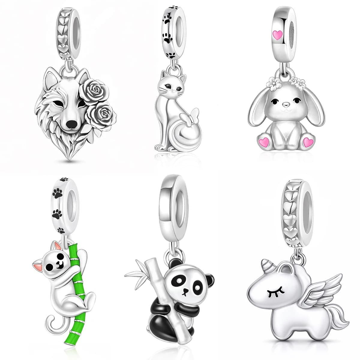 2026 Original Design Animal Bead Pendant,Rabbit,Panda,Wolf,Cat,DIY Bracelet Jewelry Gift,Copper Material Plated Bright Silver