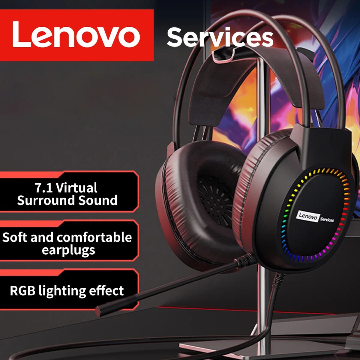 Lenovo E03 Wired Over-Ear Gaming Headset RGB Light 7.1 Virtual Surround Sound Soft Ear Cushions with Mic
