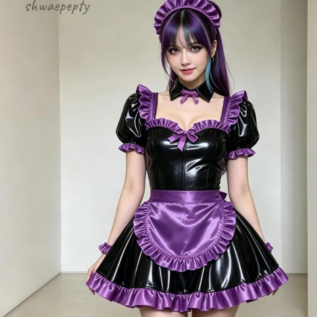 Glossy Black PVC Mini Maid Prom Dress Puff Sleeves Ruffle Purple Trim Cocktail Party Cosplay Special Occasion Costume Customized