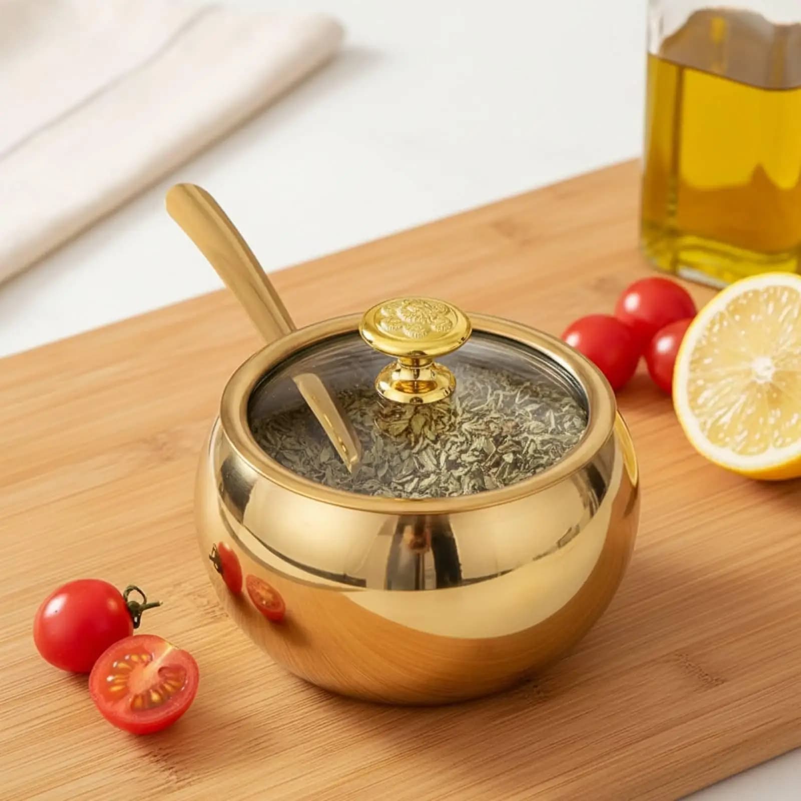 Stainless Steel Jar with Glass Lid Spice Container Set for Kitchen Seasoning Storage Airtight Condiment Jars with Spoon and Tray