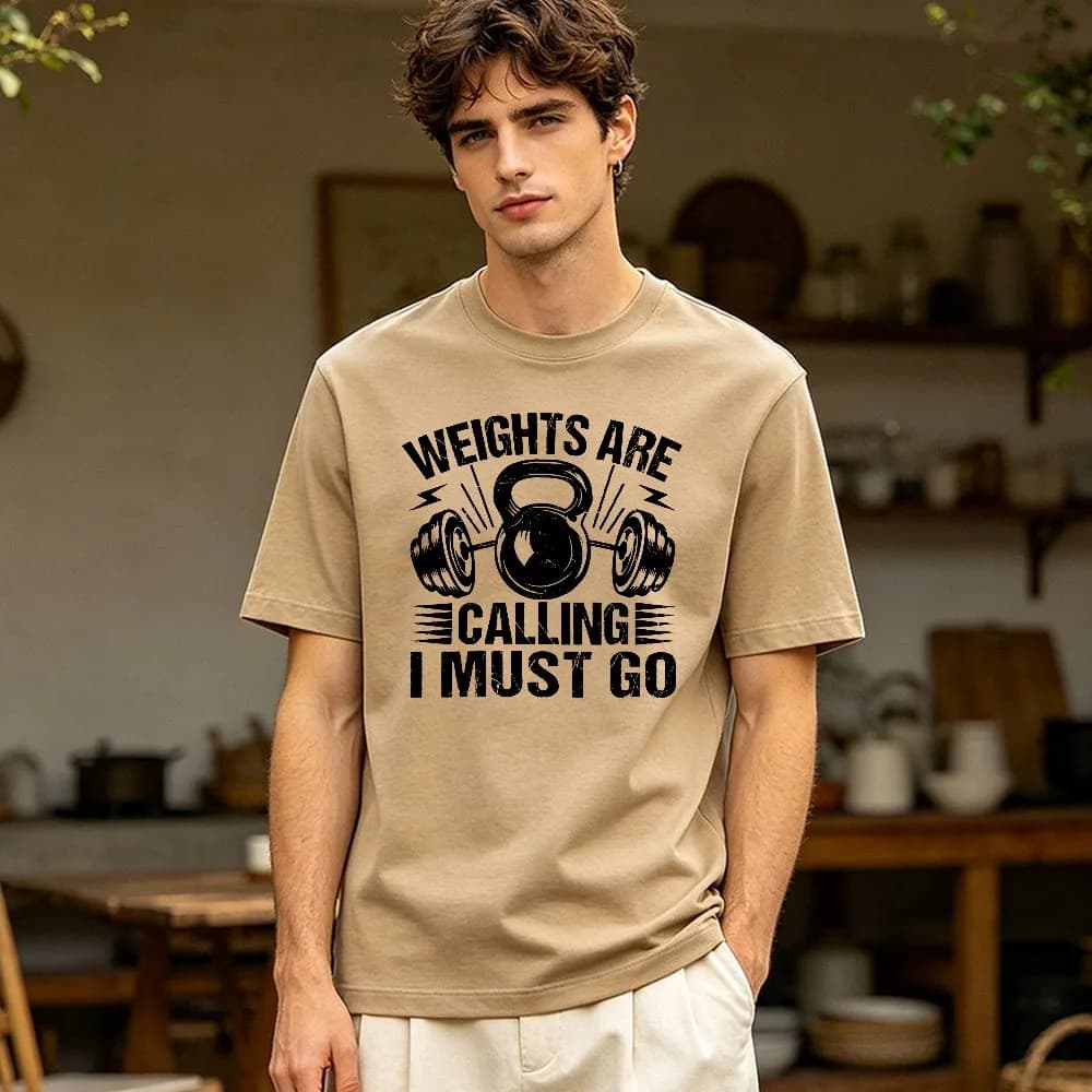 Fitness Hobby Casual T Shirt Men Kettlebell Dumbbell Distressed Graphic Weights Calling Slogan Laid-back Gym Training Daily Tee