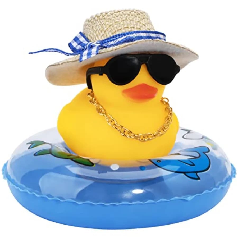 Car Rubber Duck, Yellow Duck Decoration Dashboard with Sun Hat Swim Ring Necklace Sunglasses for Car Dashboard Decorations