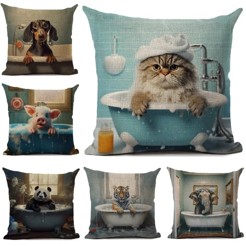Funny Cushion Cover Animals Take A Bath In The Bathtub Printed Interesting Home Decoration Living Room Sofa Throw Pillowcase