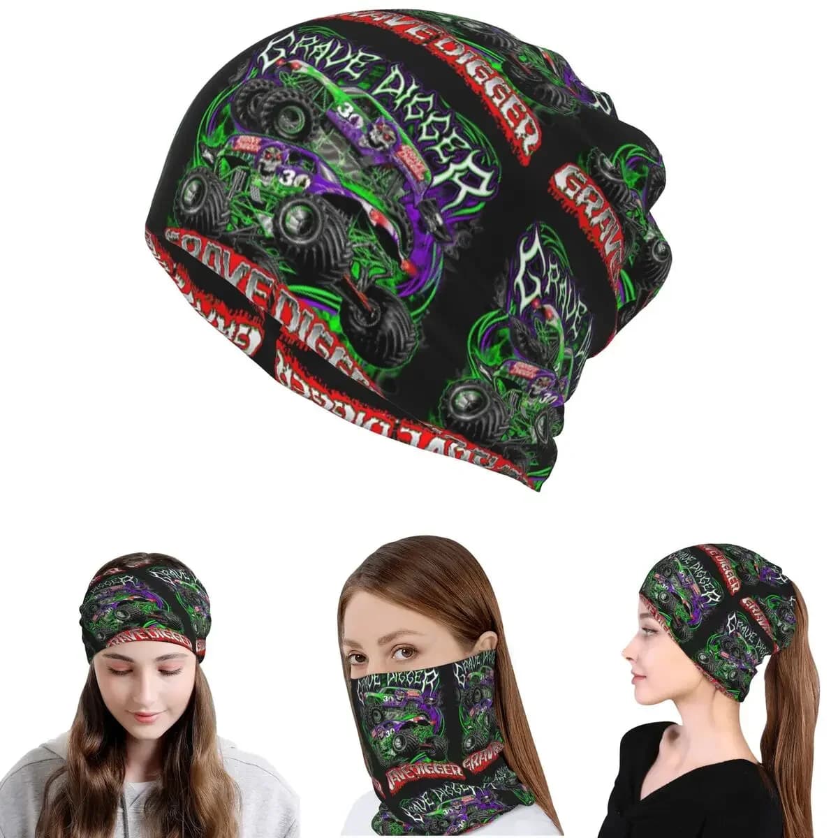 Monster Jam Grave Digger Monster Truck Bandana Neck Cover Wrap Mask Scarf Multi-use Headband Beanies Hat for Men Women Adult