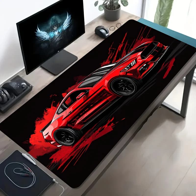 Tappetino per Mouse da Gaming Grande, Design Auto Rossa e Nera, Base in Gomma Antiscivolo Lavabile, Accessorio per Scrivania Ufficio