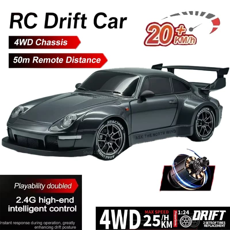 Auto RC Drift in Scala 1:24, Veicolo Telecomandato ad Alta Velocità 2.4 GHz con Luci LED e Pneumatici da Drift, Regalo Perfetto
