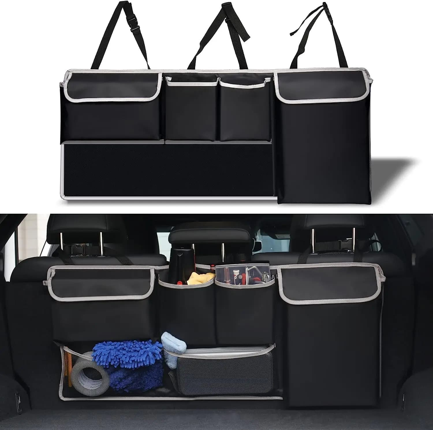 Organizer per Bagagliaio Auto con 4 Tasche e 2 Tasche in Rete, Borsa per Sedile Posteriore per SUV, Jeep, MPV, Spazio di Stoccaggio