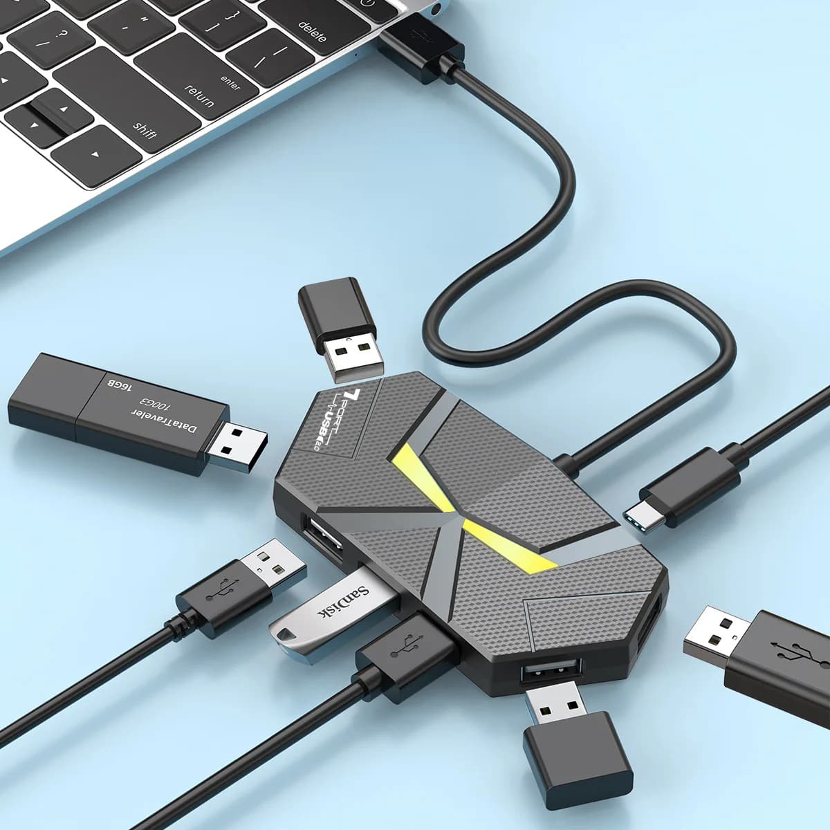 HUB da 0,6 cm/1,2 m Splitter di espansione USB 2.0 compatibile con 7 porte Laptop Connect Disco rigido Computer TYPE-C Dati di trasferimento stabili